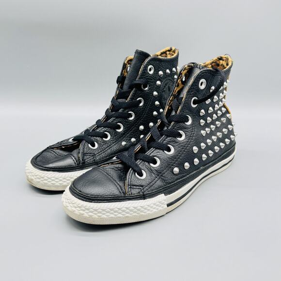 Converse Shoes Womens 6.5 Black Leather All Star Studded High Top Leopard Punk - Picture 4 of 12